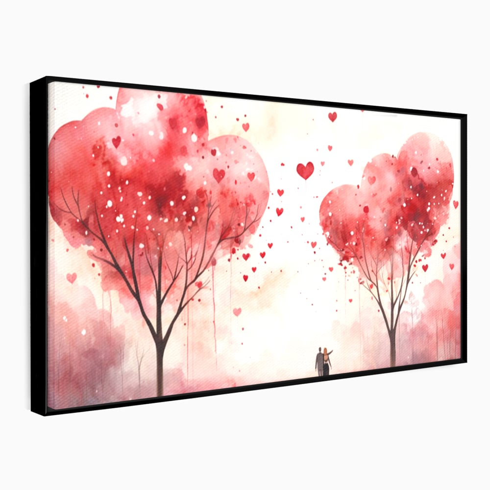Tablou canvas cu tablou canvas cuplu sub copaci in forma de inima, in rama de aluminiu negru